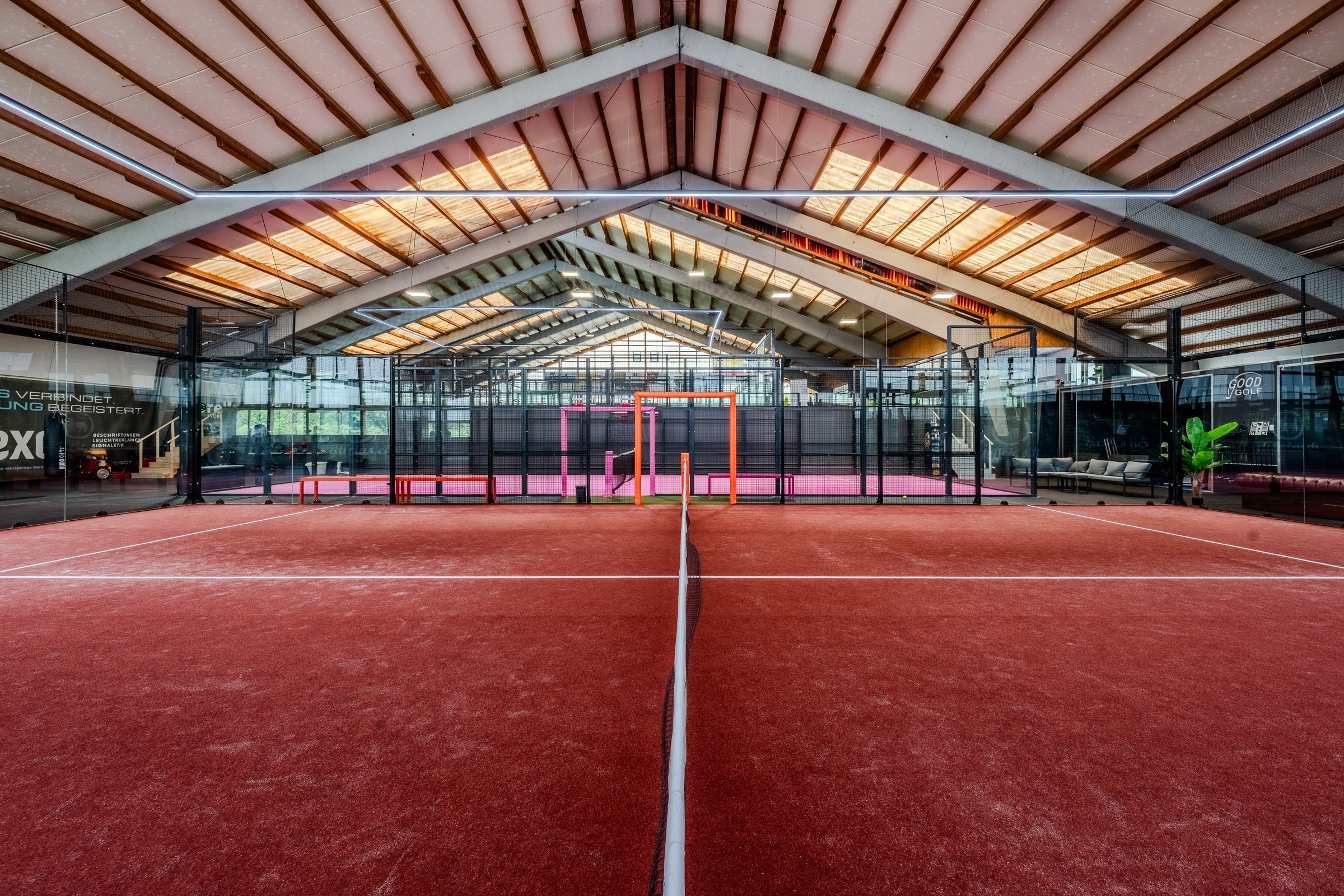 Padel court in an indoor hall with our 360° lighting